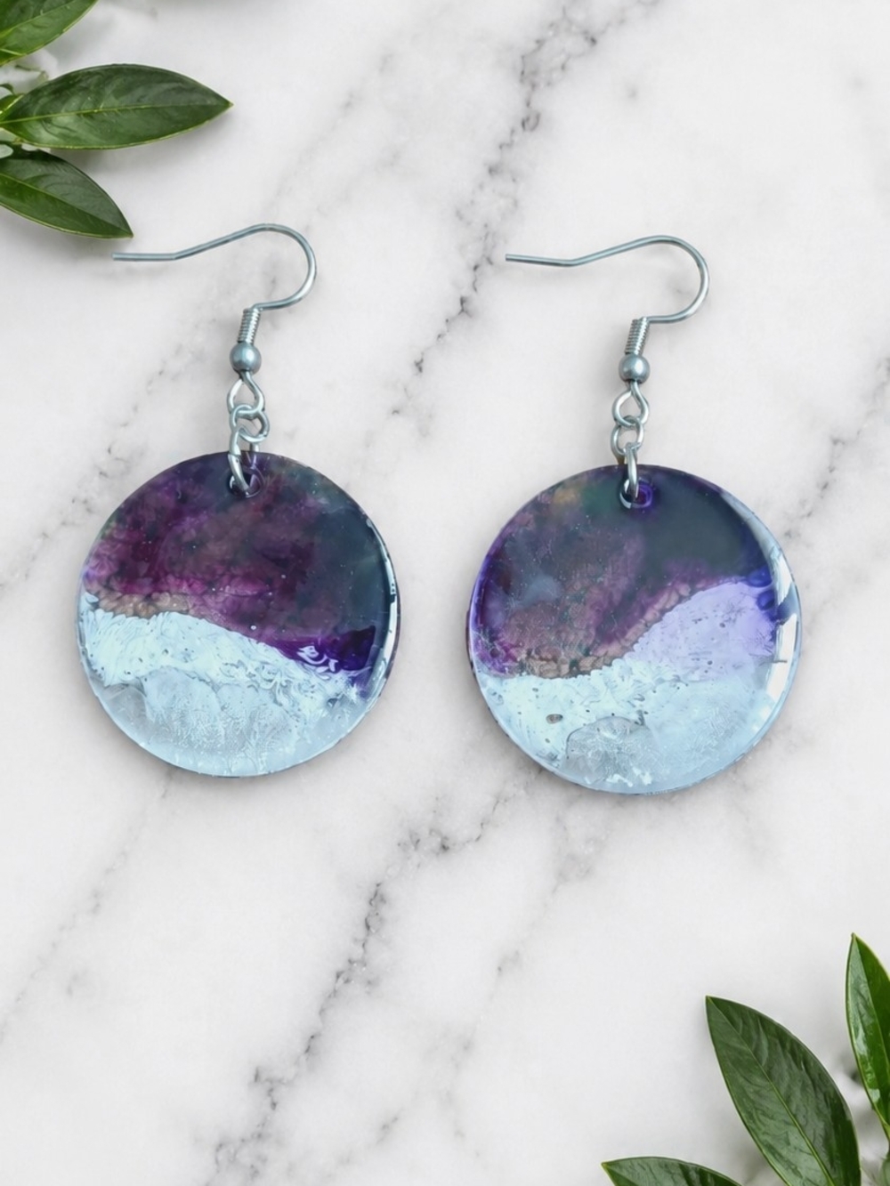 Blue & Purple Resin Wave Disc Earrings - Women Jewelry